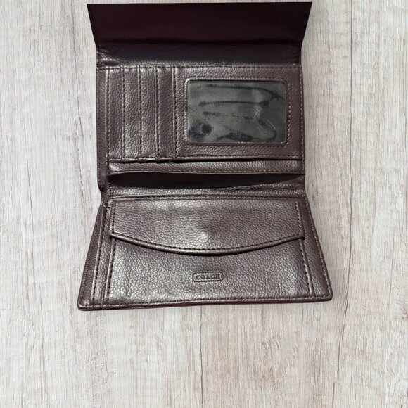 Coach Signature Canvas & Leather Trifold Wallet Brown Logo Print - Picture 2 of 7